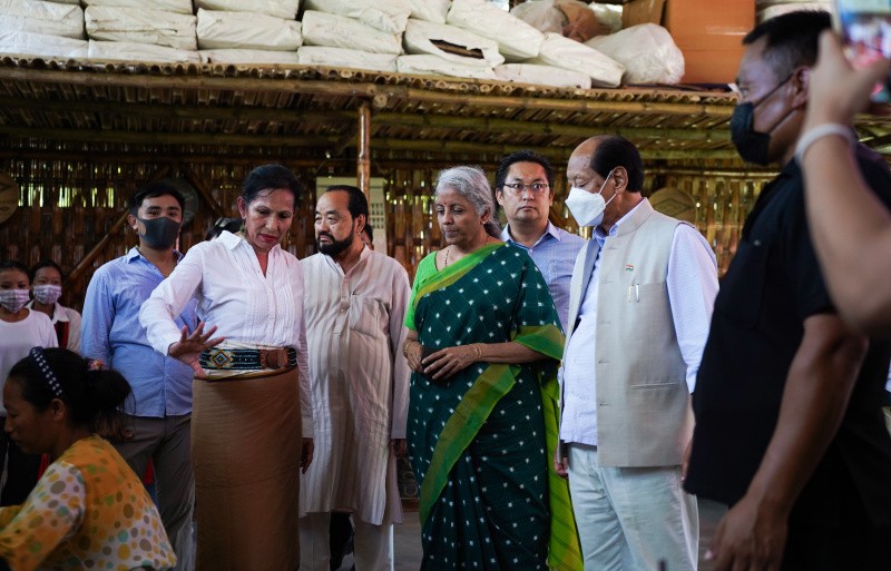 Union Finance Minister Nirmala Sitharaman accompanied by Nagaland CM Neiphiu Rio, Dy CM Y Patton during their visit at Heirloom Naga with the founder Jesmina Zeliang (extreme left). (DIPR Photo)